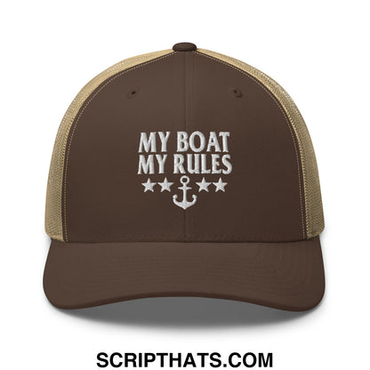 My Boat My Rules Embroidered Mesh Trucker Hat Brown Khaki