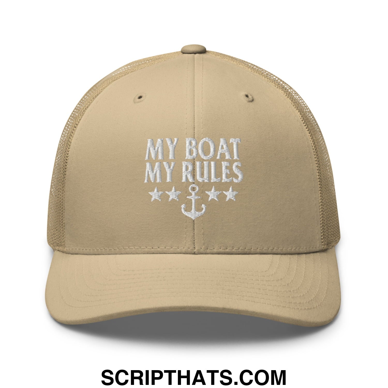 My Boat My Rules Embroidered Mesh Trucker Hat Khaki