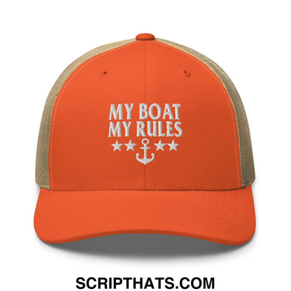 My Boat My Rules Embroidered Mesh Trucker Hat Rustic Orange Khaki