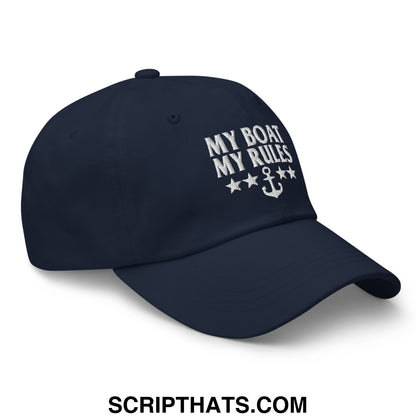 Navy blue unstructured dad hat with white embroidered my boat my rules text and anchor design surrounded by stars