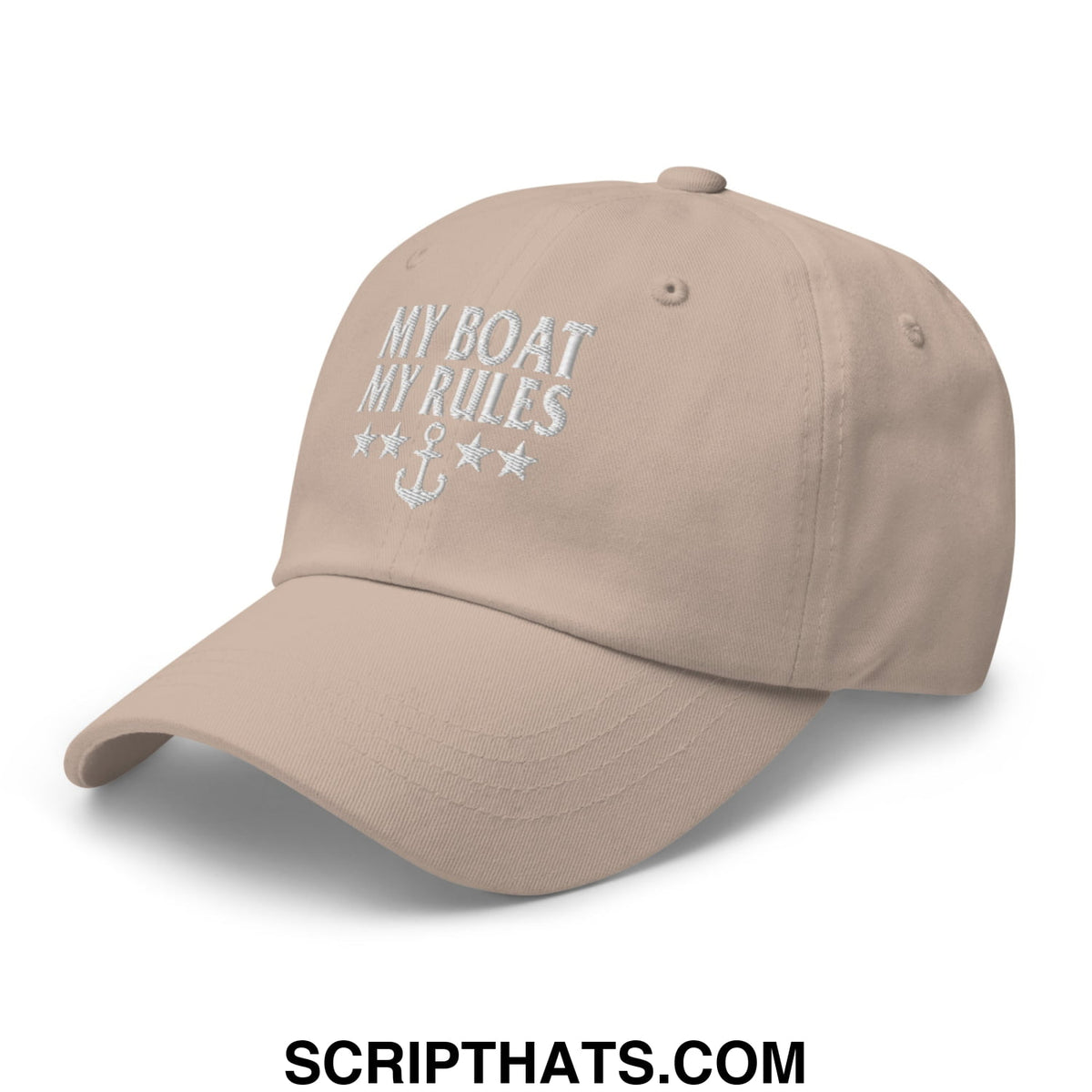 Beige embroidered unstructured dad hat with white my boat my rules text and anchor design surrounded by stars