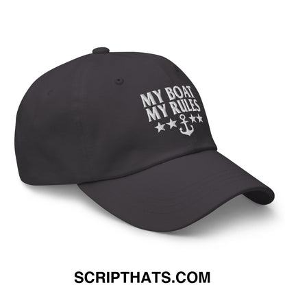 Black embroidered unstructured dad hat with white my boat my rules text and anchor design flanked by stars
