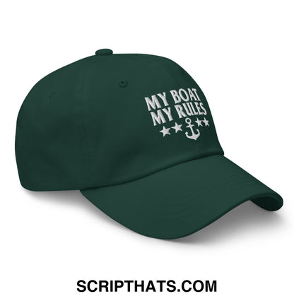 Dark green unstructured dad hat with white embroidered my boat my rules text and anchor design with stars