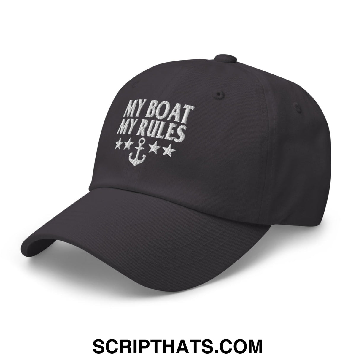 Black embroidered my boat my rules unstructured dad hat with anchor and stars design on the front