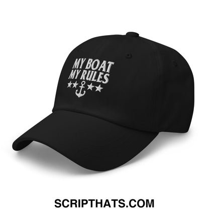 Black unstructured dad hat with white embroidered my boat my rules text anchor and stars design