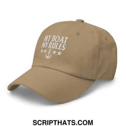 Tan unstructured dad hat with white embroidered my boat my rules text and anchor design surrounded by stars