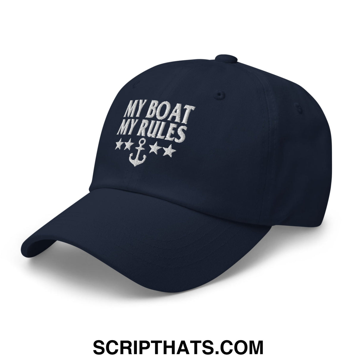 Navy blue embroidered unstructured dad hat with my boat my rules text and anchor design for casual wear
