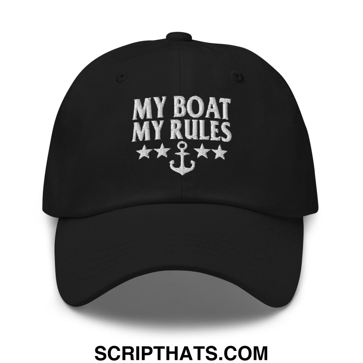 Black embroidered unstructured dad hat with my boat my rules text anchor and stars for casual outdoor wear
