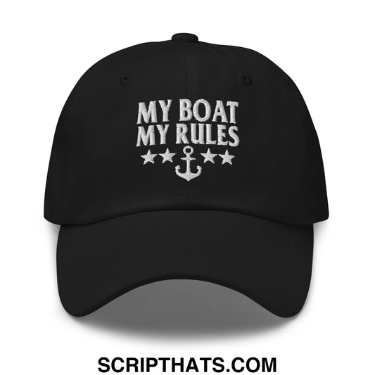 Black embroidered unstructured dad hat with my boat my rules text anchor and stars for casual outdoor wear