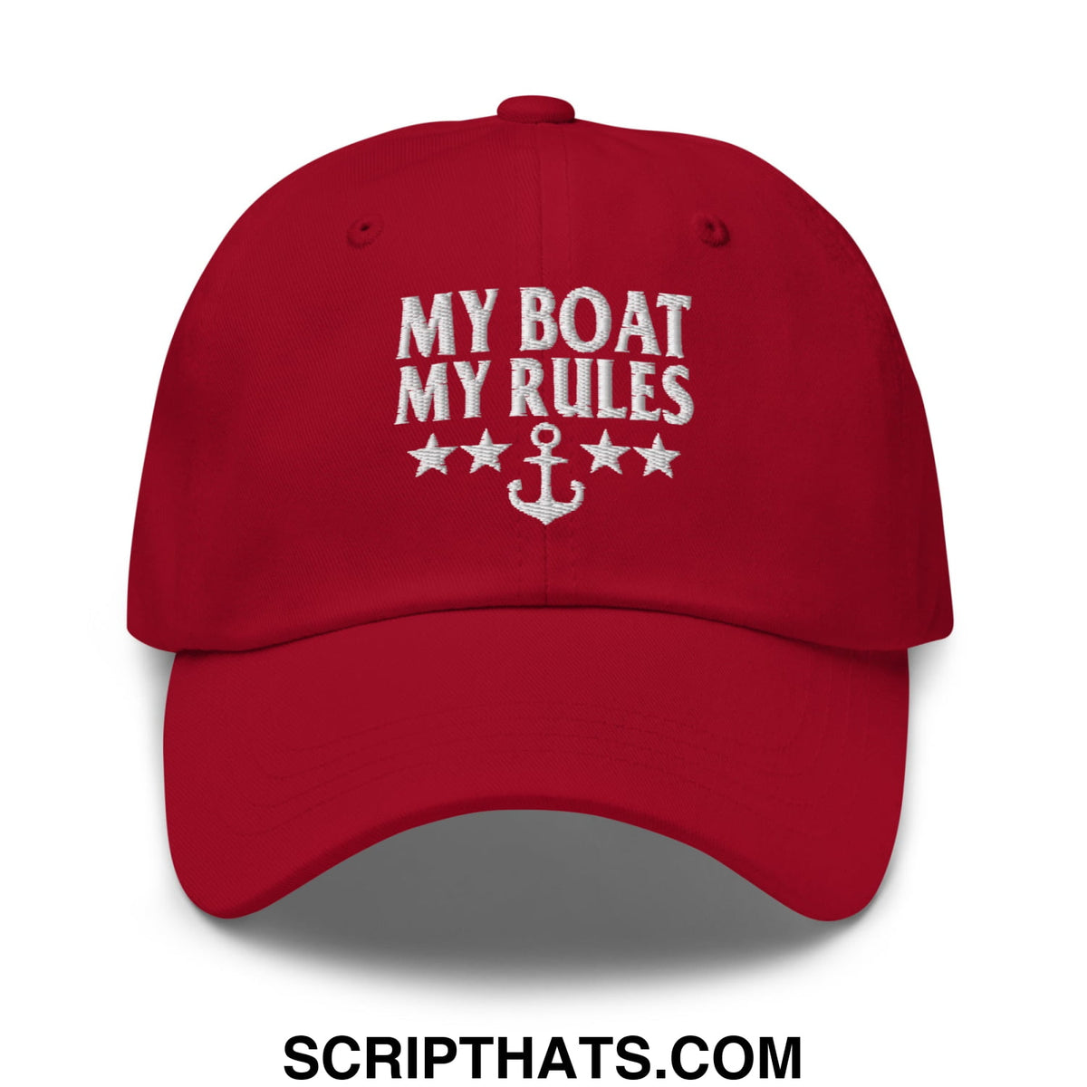 Red embroidered unstructured dad hat featuring my boat my rules text and anchor design for boating enthusiasts