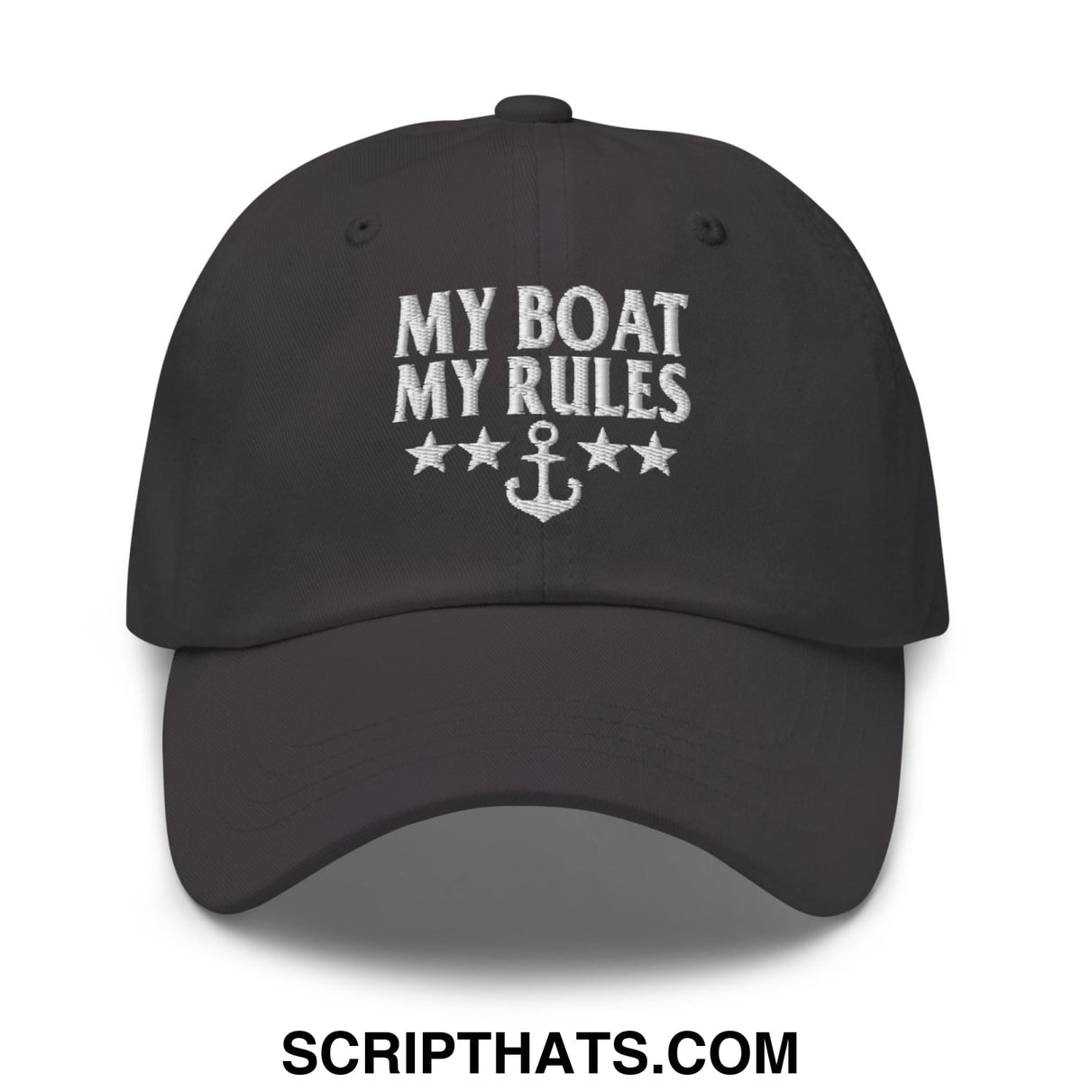 Black embroidered unstructured dad hat with white my boat my rules text anchor and stars design