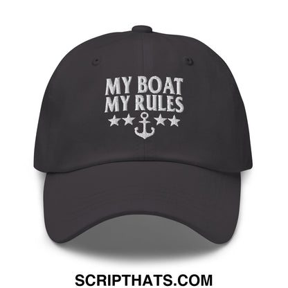 Black embroidered unstructured dad hat with white my boat my rules text anchor and stars design