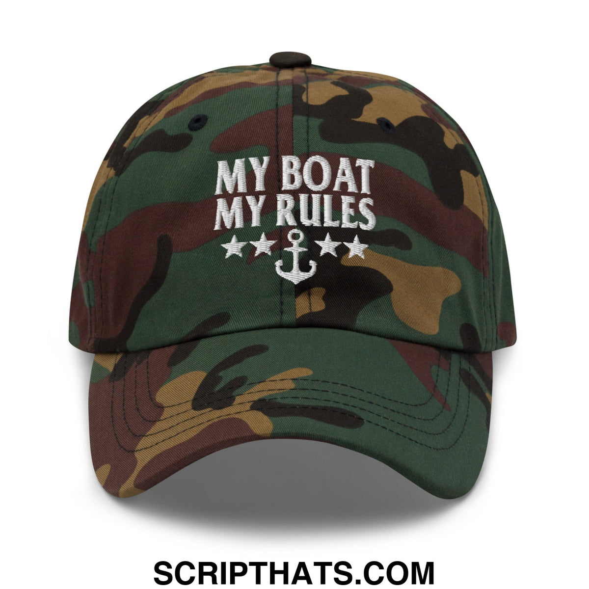 A camouflage my boat my rules embroidered unstructured dad hat with white anchor and stars design