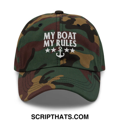 A camouflage my boat my rules embroidered unstructured dad hat with white anchor and stars design