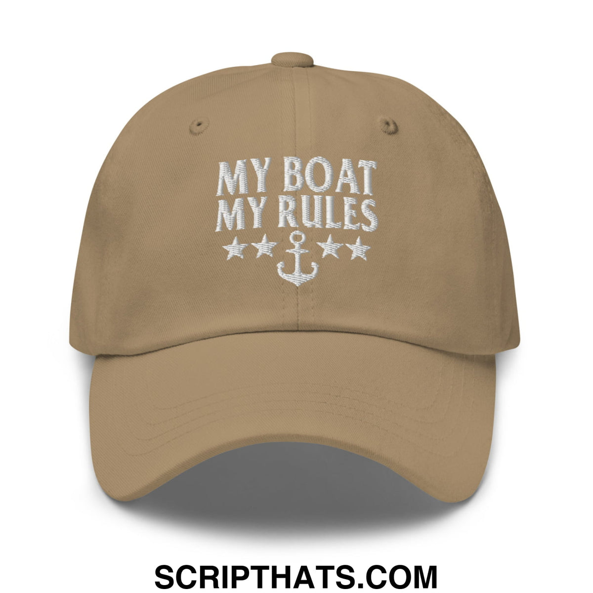 Beige embroidered unstructured dad hat with my boat my rules text above anchor and five stars design