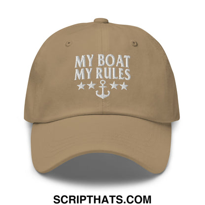 Beige embroidered unstructured dad hat with my boat my rules text above anchor and five stars design