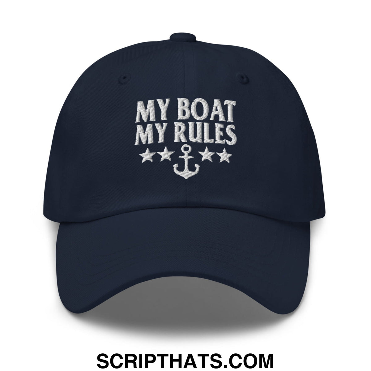 Navy blue unstructured dad hat with white embroidered my boat my rules text anchor and four stars design