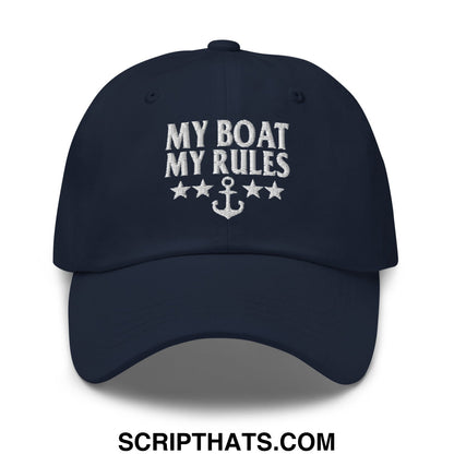 Navy blue unstructured dad hat with white embroidered my boat my rules text anchor and four stars design