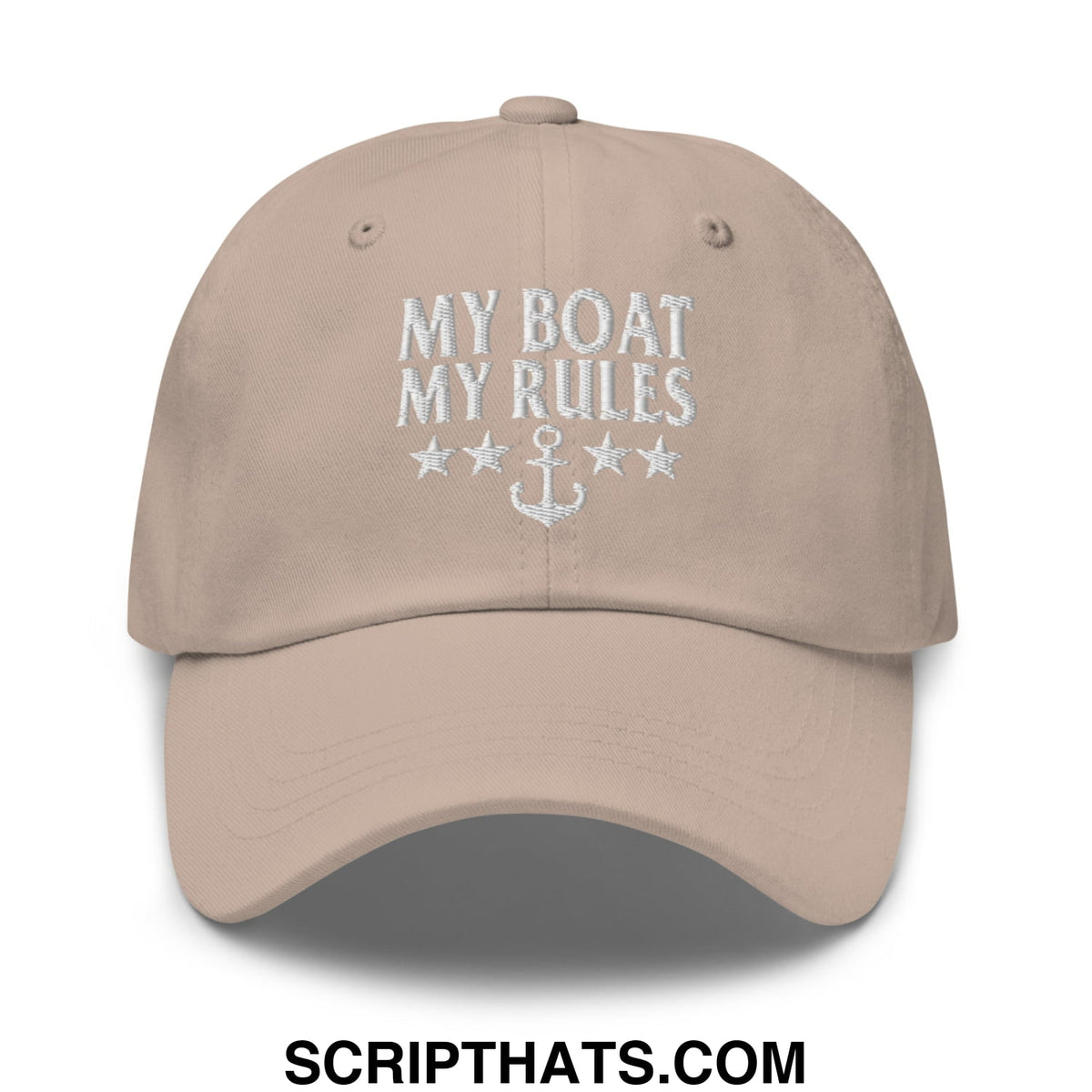 Beige unstructured dad hat with white embroidered my boat my rules text and anchor design on front panel