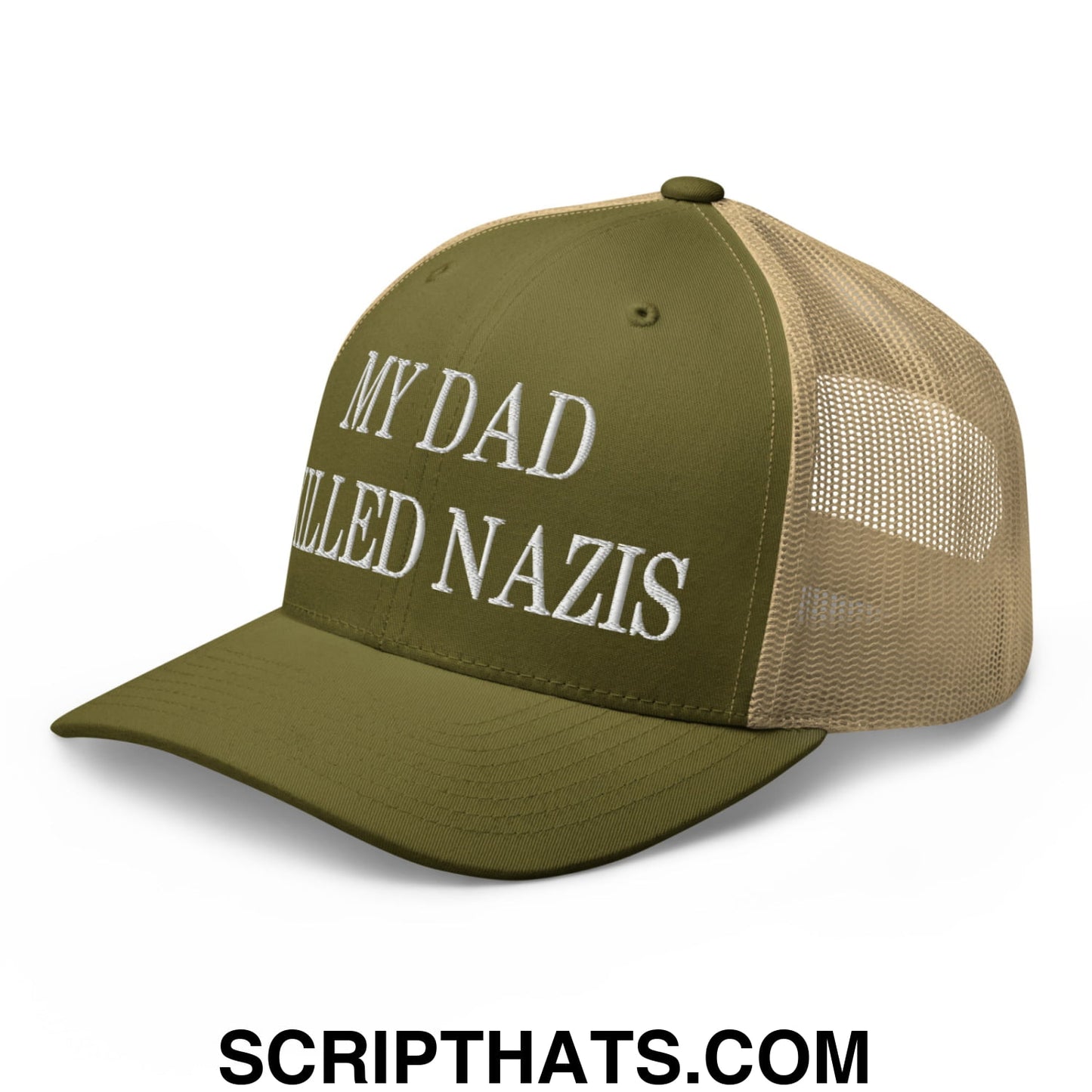 My Dad Killed Nazis Embroidered Mesh Trucker Hat Moss Khaki