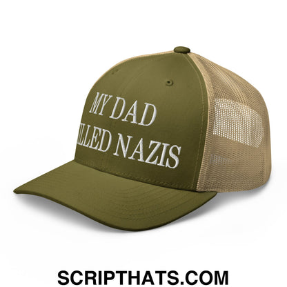 My Dad Killed Nazis Embroidered Mesh Trucker Hat Moss Khaki