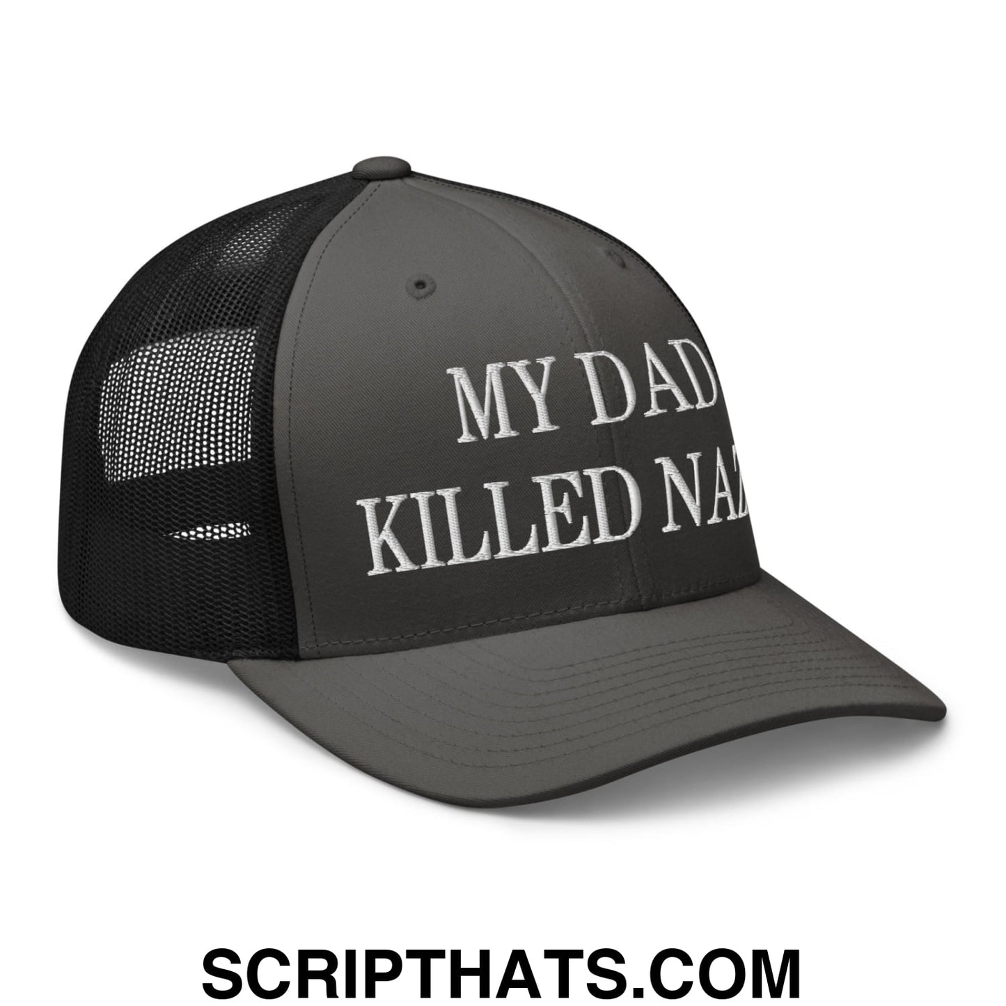 My Dad Killed Nazis Embroidered Mesh Trucker Hat Charcoal Black