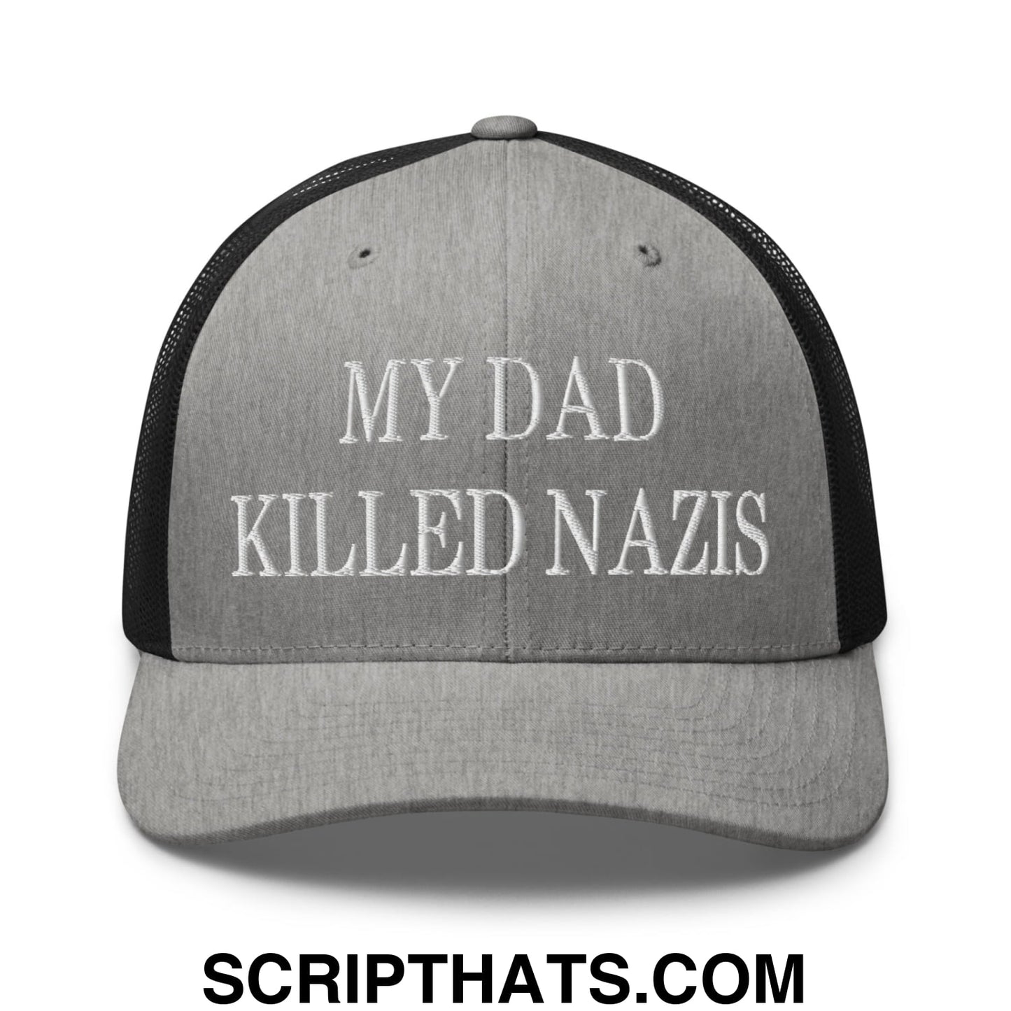 My Dad Killed Nazis Embroidered Mesh Trucker Hat Heather Black