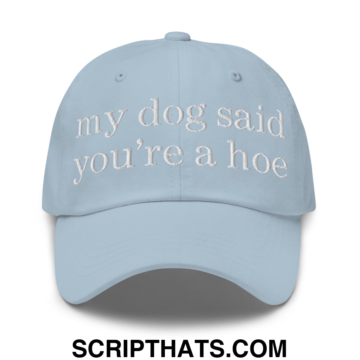my dog said you're a hoe Embroidered Unstructured Dad Hat Light Blue