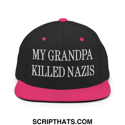 My Grandpa Killed Nazis Embroidered Flat Bill Brim Snapback Hat Black Neon Pink
