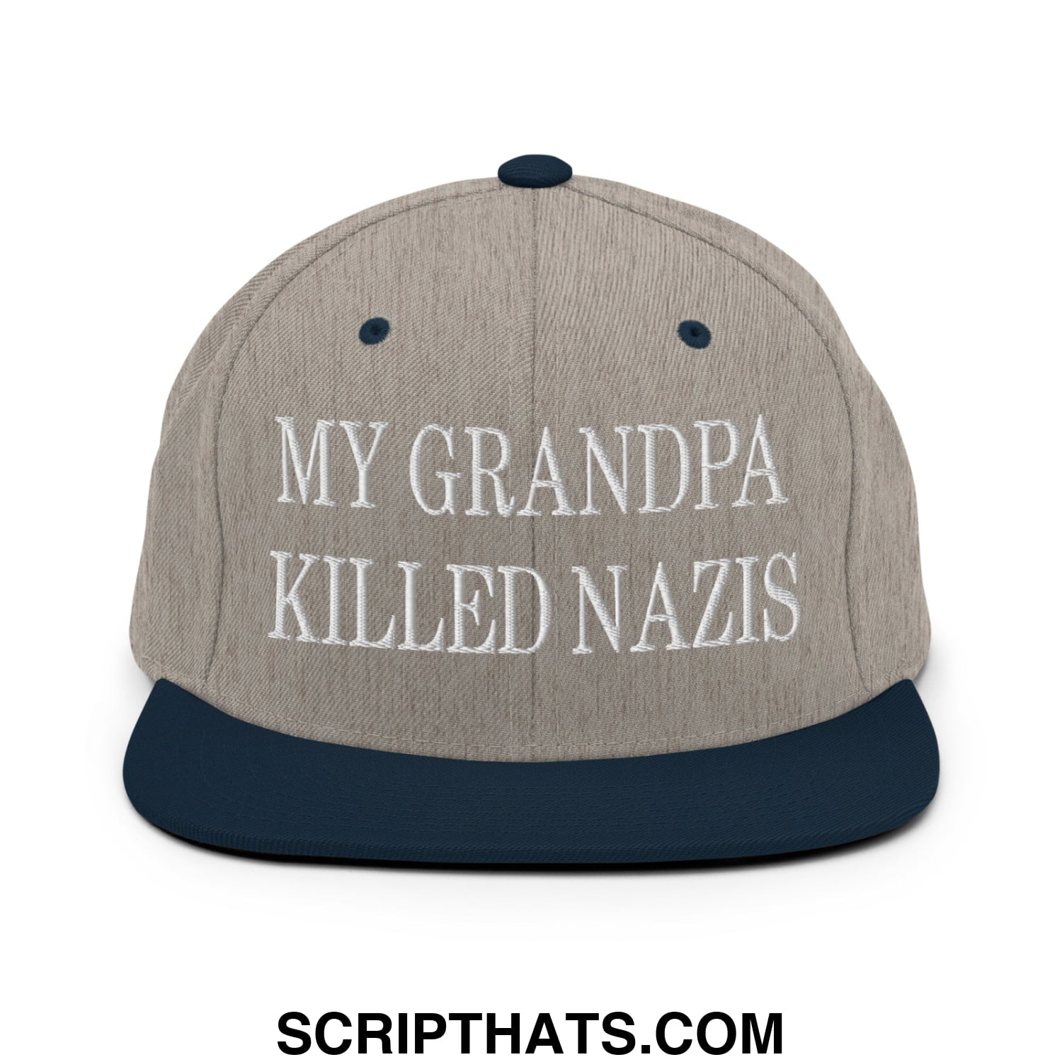 My Grandpa Killed Nazis Embroidered Flat Bill Brim Snapback Hat Heather Grey Navy