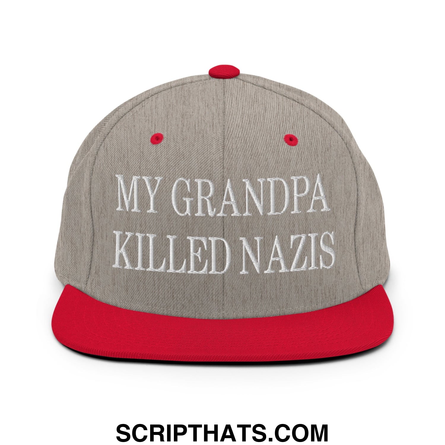 My Grandpa Killed Nazis Embroidered Flat Bill Brim Snapback Hat Heather Grey Red
