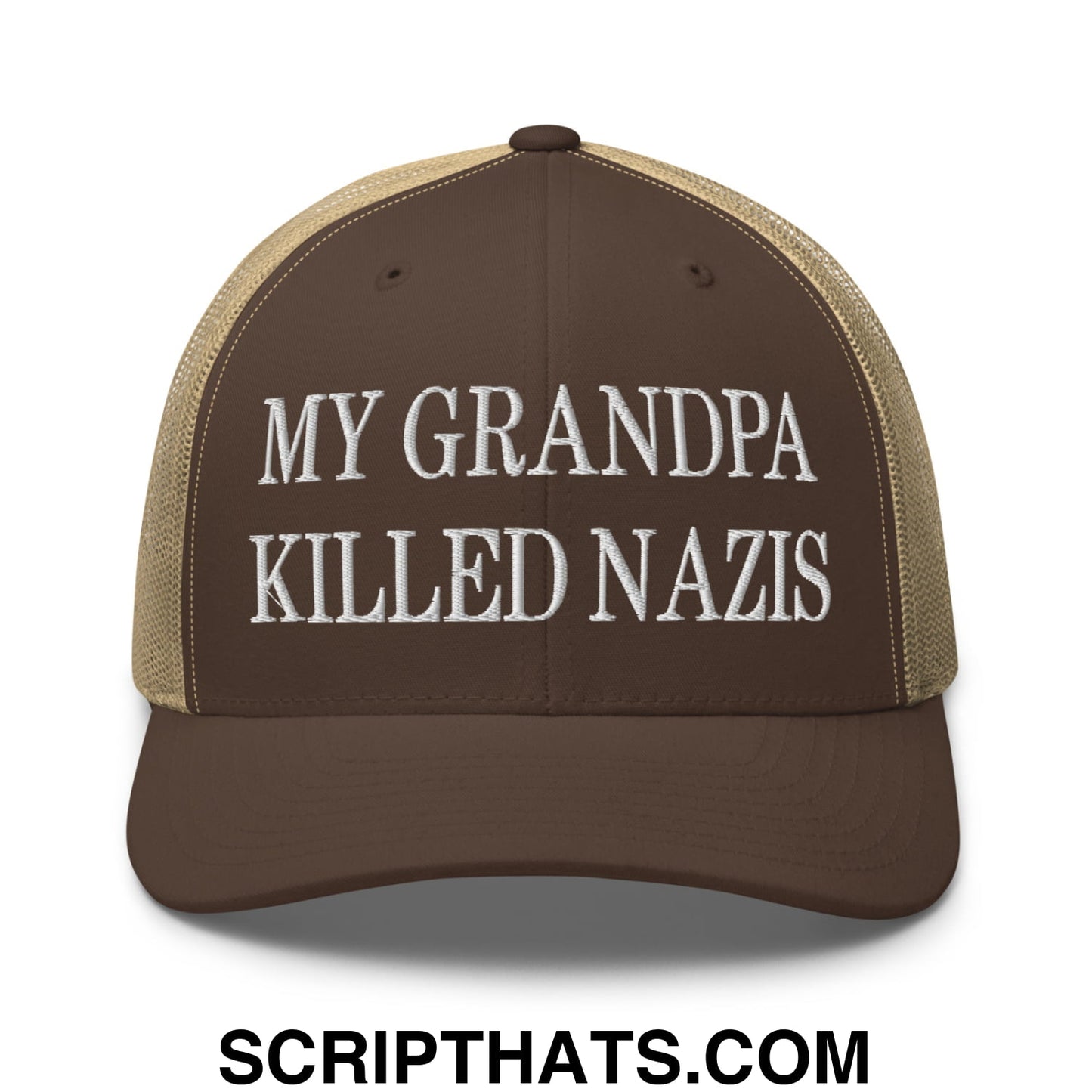 My Grandpa Killed Nazis Embroidered Mesh Trucker Hat Brown Khaki
