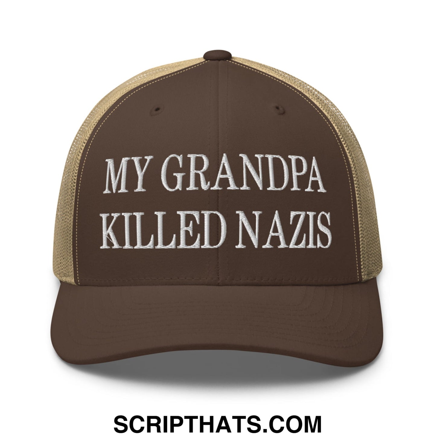 My Grandpa Killed Nazis Embroidered Mesh Trucker Hat Brown Khaki