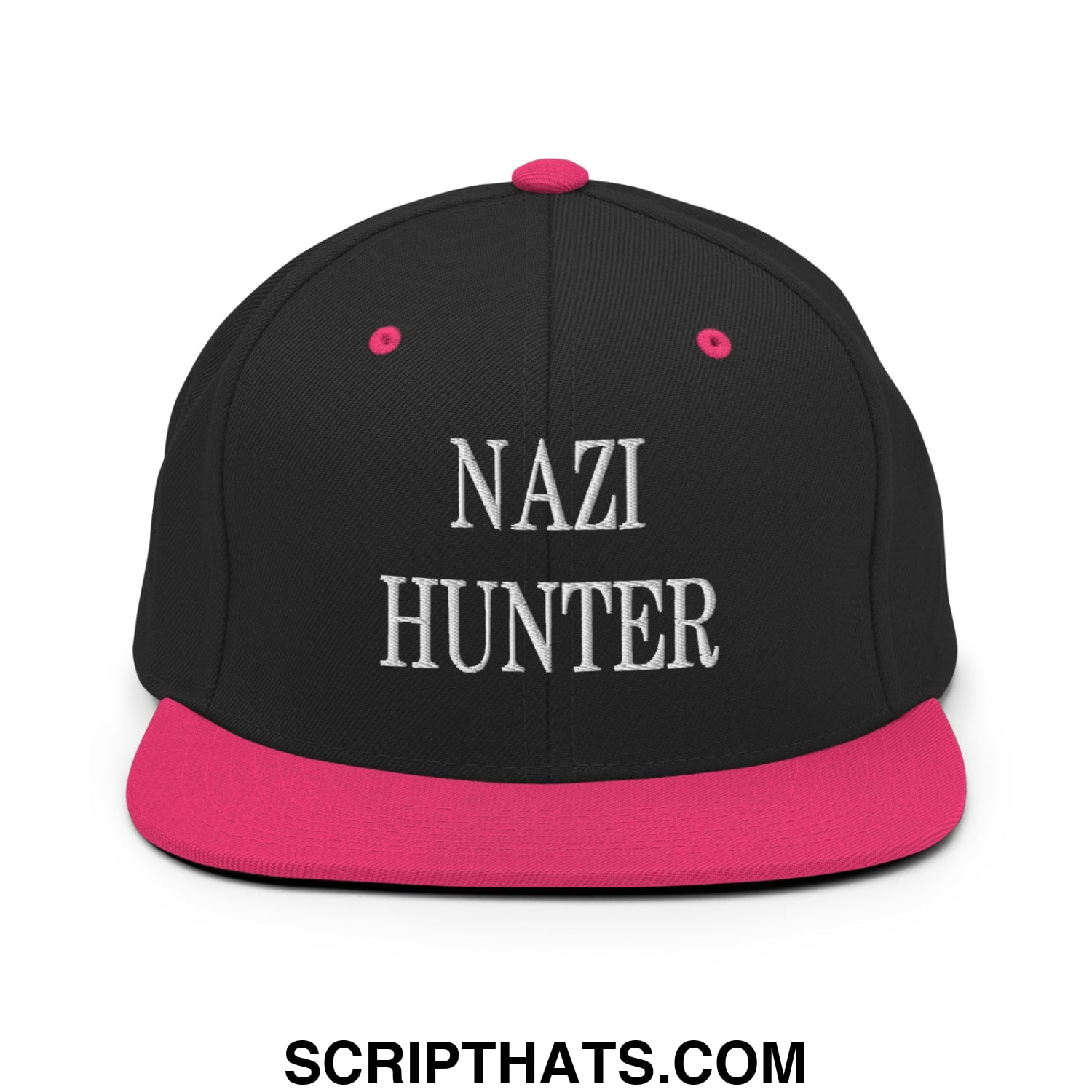 Nazi Hunter Embroidered Flat Bill Brim Snapback Hat Black Neon Pink