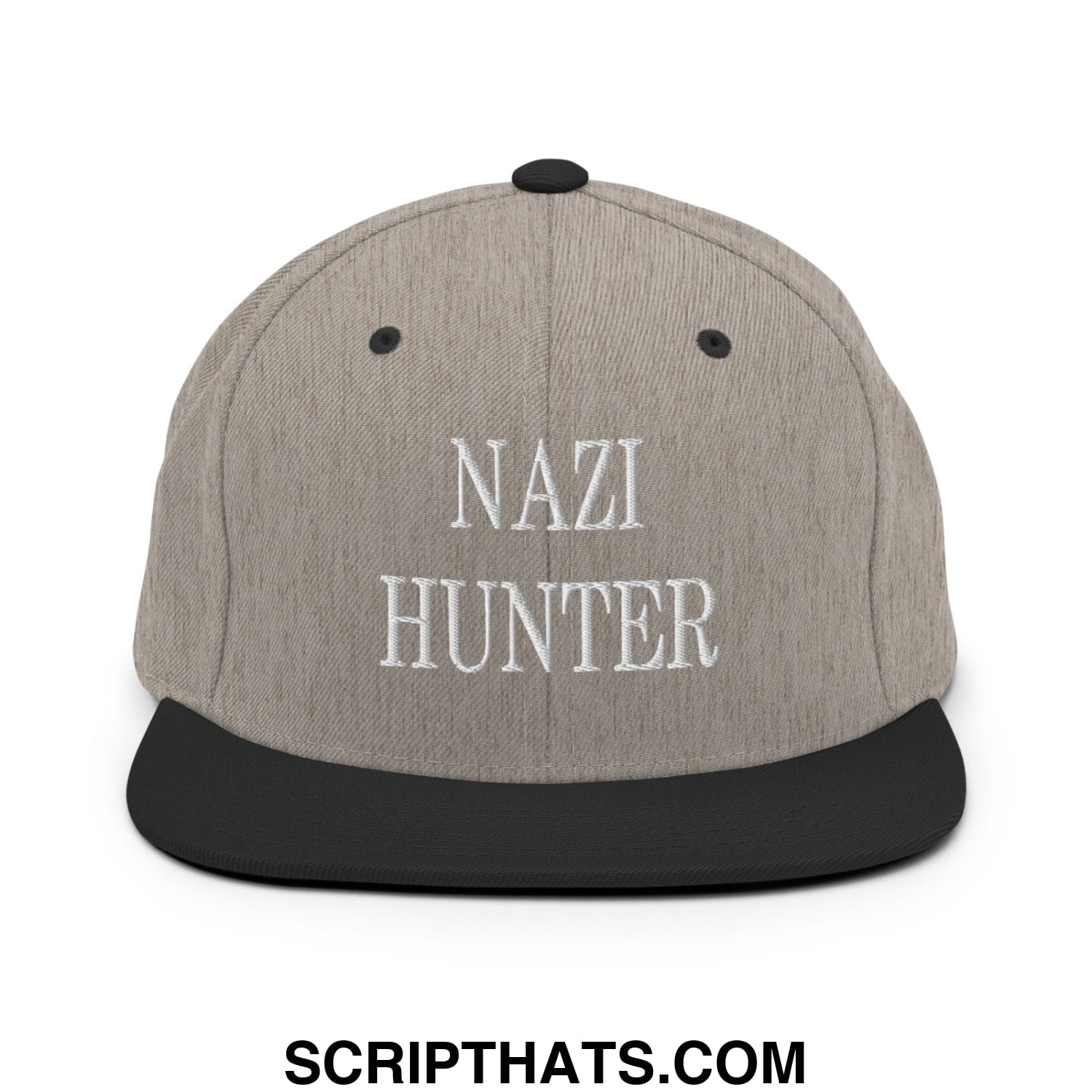 Nazi Hunter Embroidered Flat Bill Brim Snapback Hat Heather Black