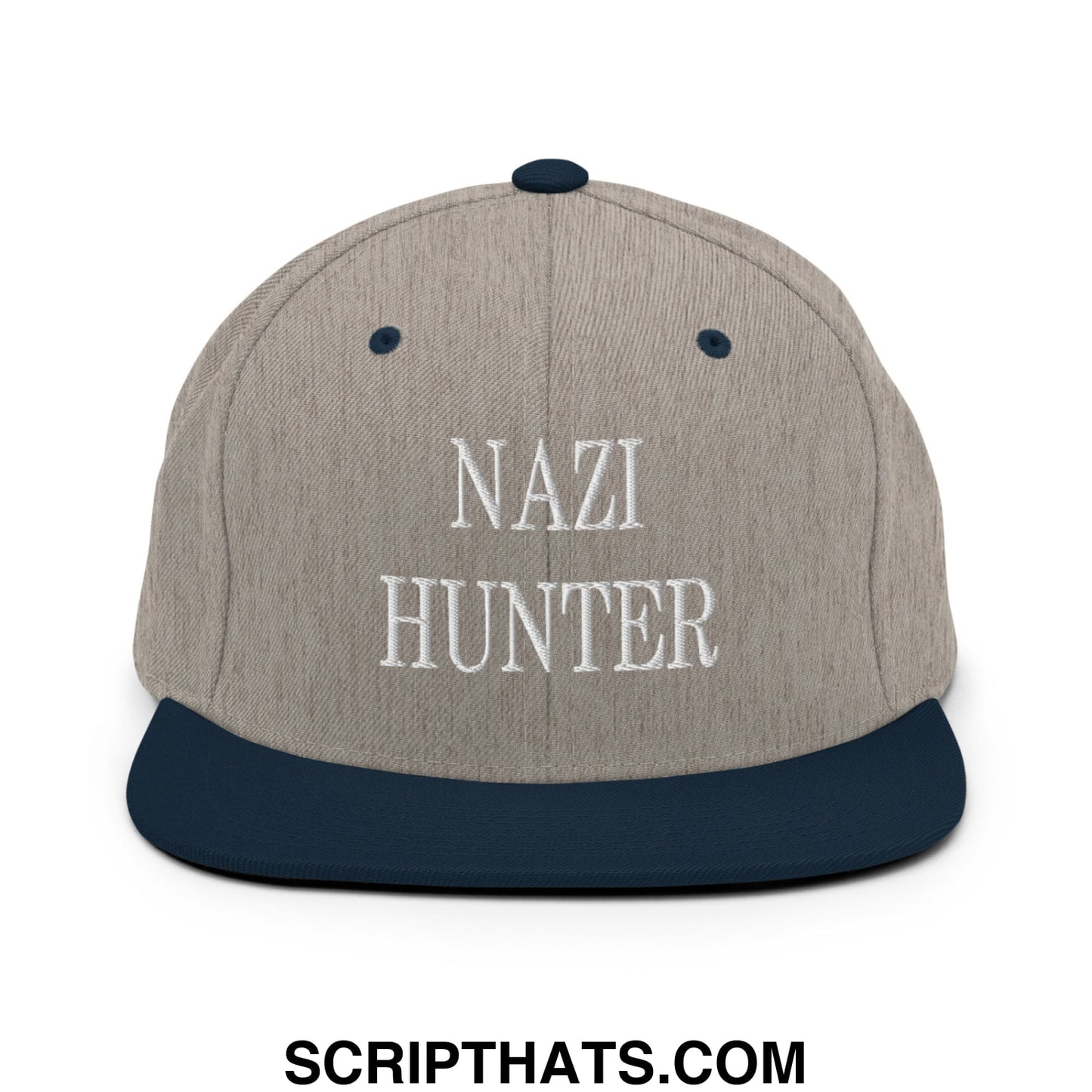 Nazi Hunter Embroidered Flat Bill Brim Snapback Hat Heather Grey Navy