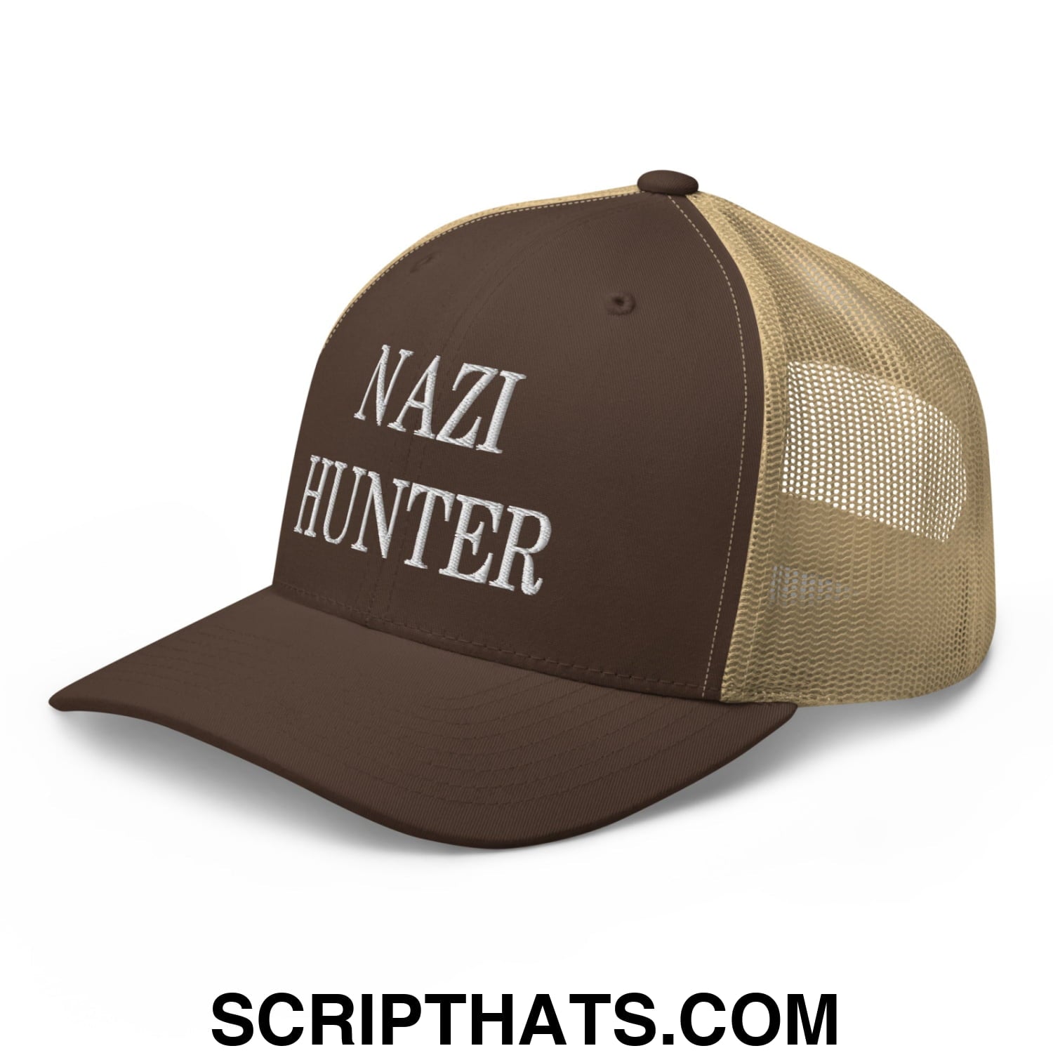 Nazi Hunter Embroidered Mesh Trucker Hat Brown Khaki