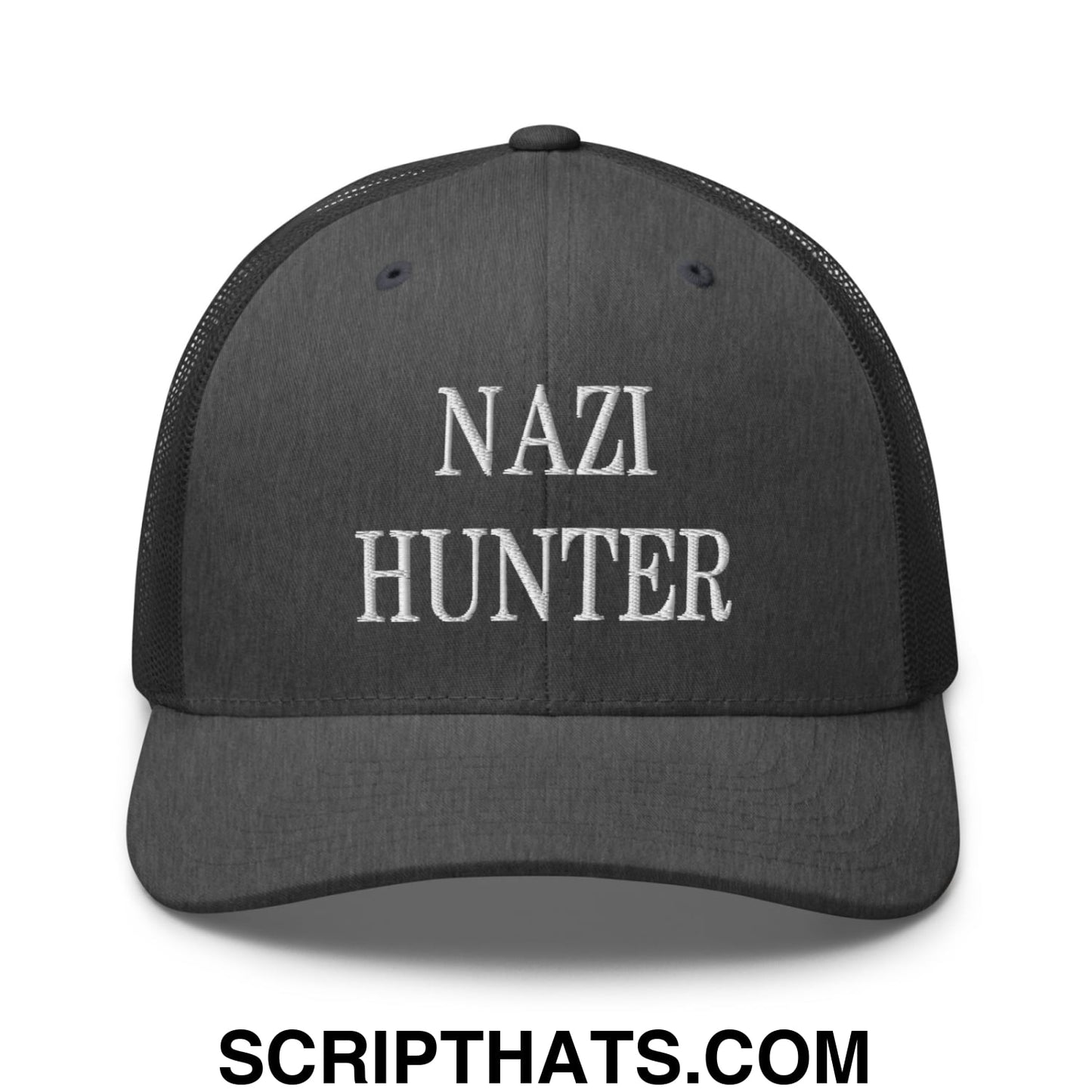 Nazi Hunter Embroidered Mesh Trucker Hat Dark Heather Gray