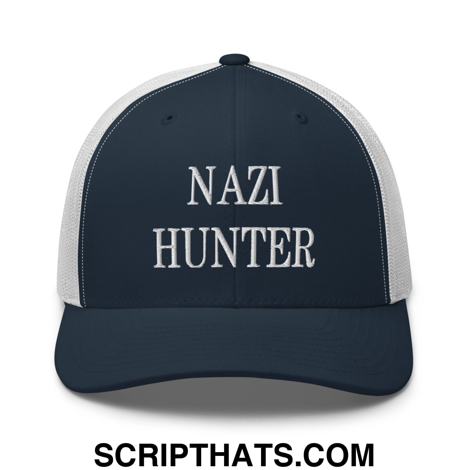Nazi Hunter Embroidered Mesh Trucker Hat Navy White