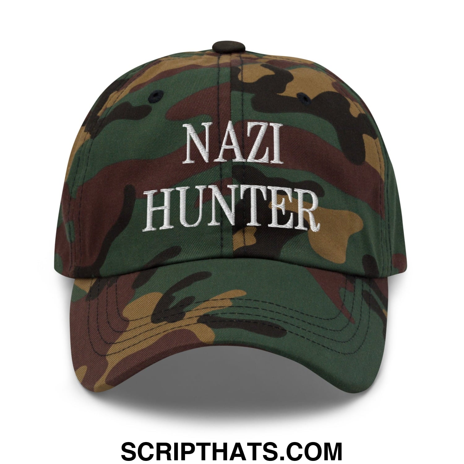 Nazi Hunter Embroidered Unstructured Dad Hat Green Camo