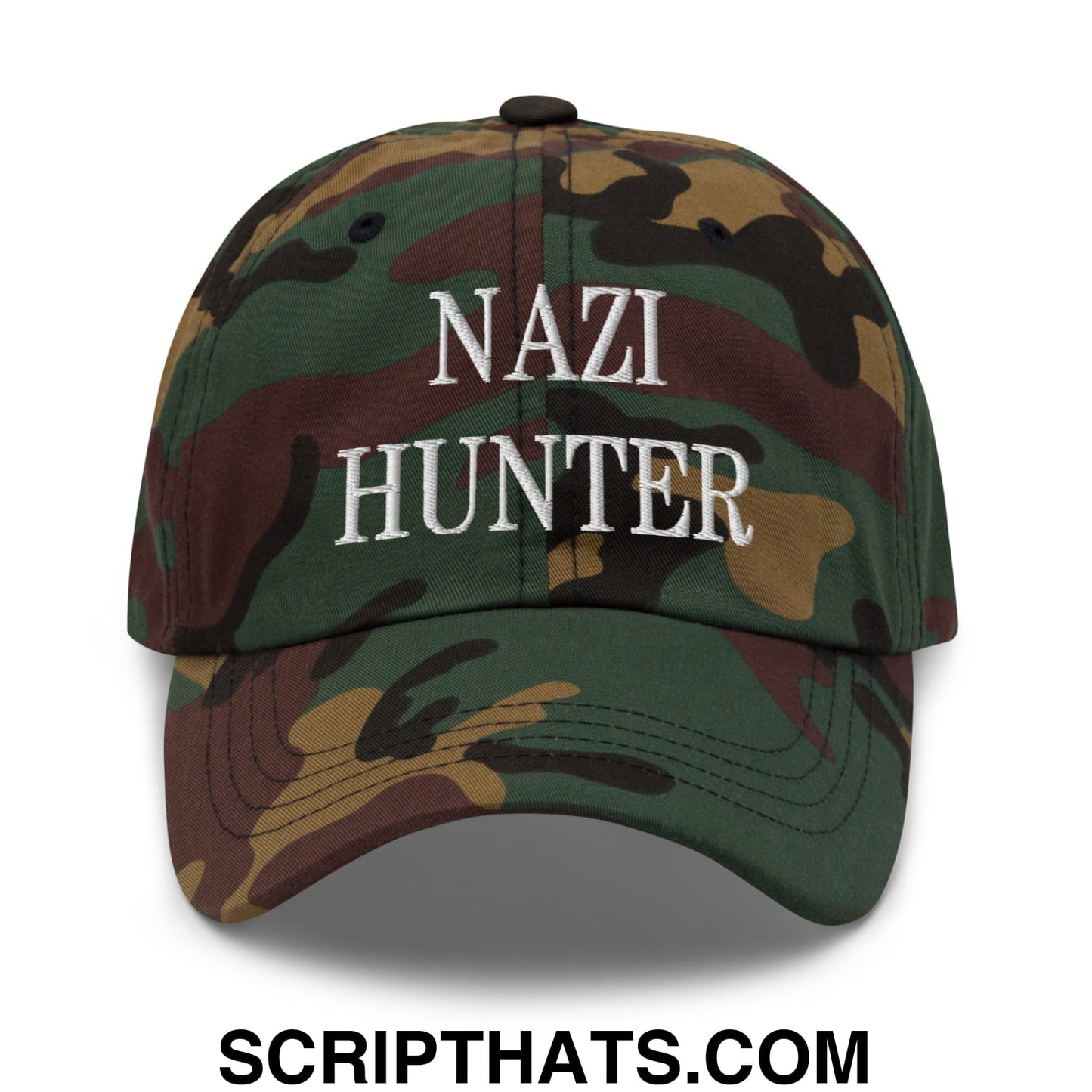 Nazi Hunter Embroidered Unstructured Dad Hat Green Camo