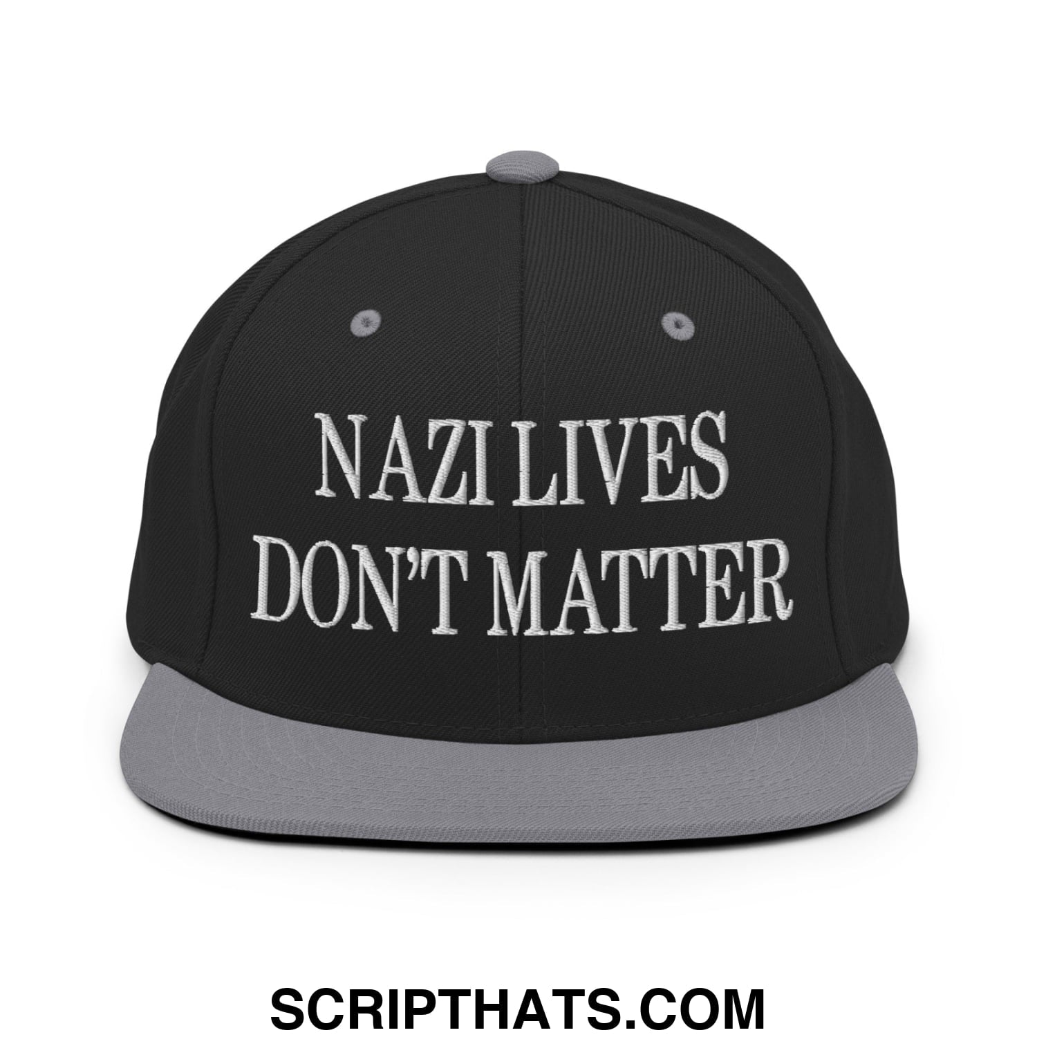 Black snapback cap with gray brim and button featuring white embroidered nazi lives don’t matter text