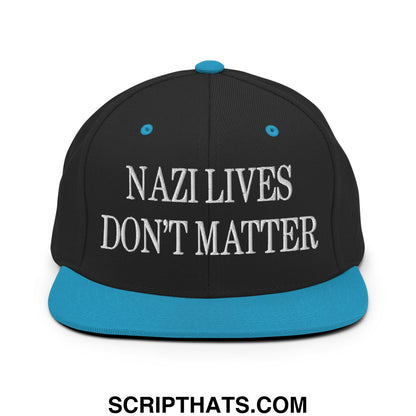 Black snapback cap with teal brim and button featuring white embroidered text nazi lives don’t matter