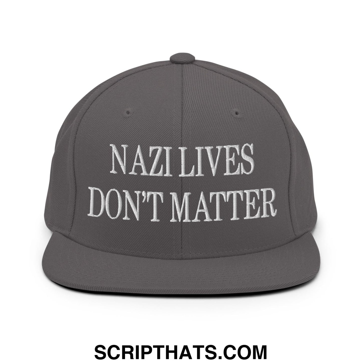 Gray snapback hat with white embroidered nazi lives don’t matter text and flat bill brim for casual wear