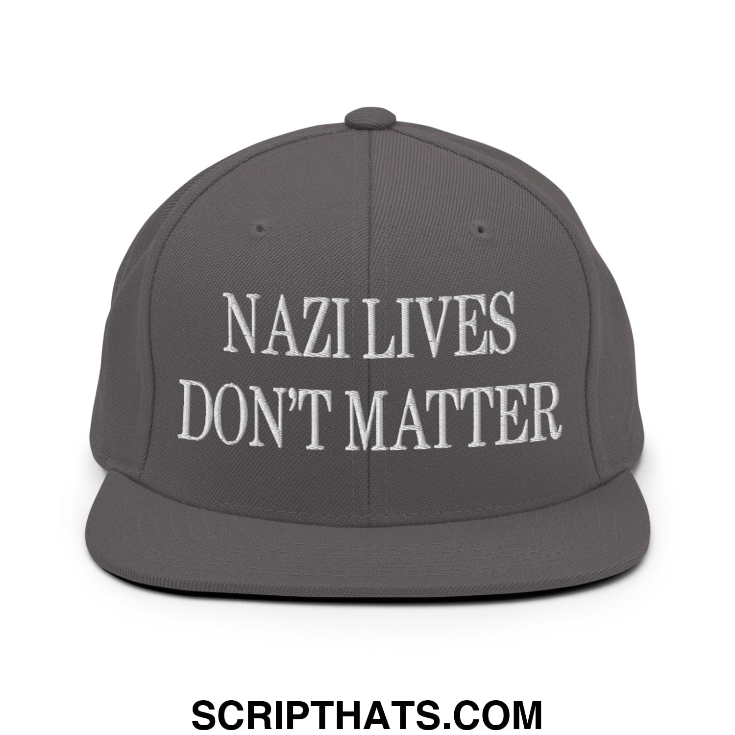 Gray snapback hat with white embroidered nazi lives don’t matter text and flat bill brim for casual wear