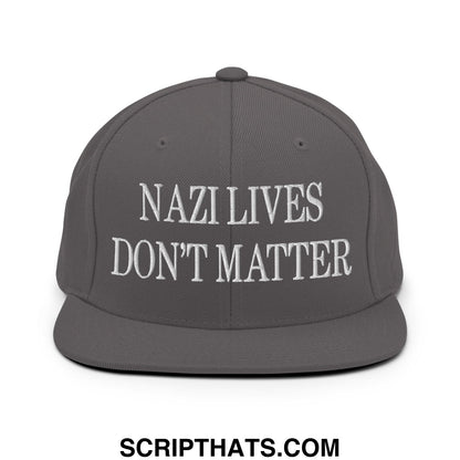 Gray snapback hat with white embroidered nazi lives don’t matter text and flat bill brim for casual wear
