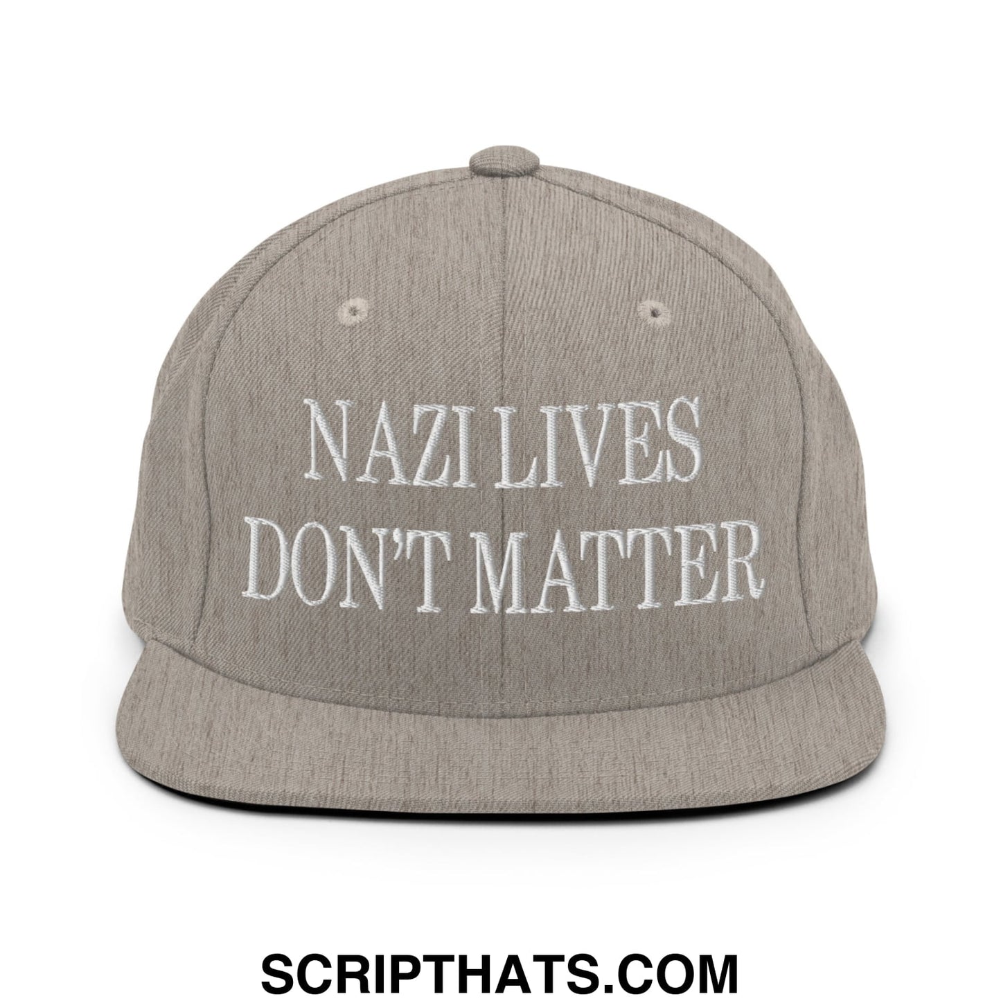 Gray snapback hat with white embroidered text reading nazi lives don’t matter on the flat bill brim