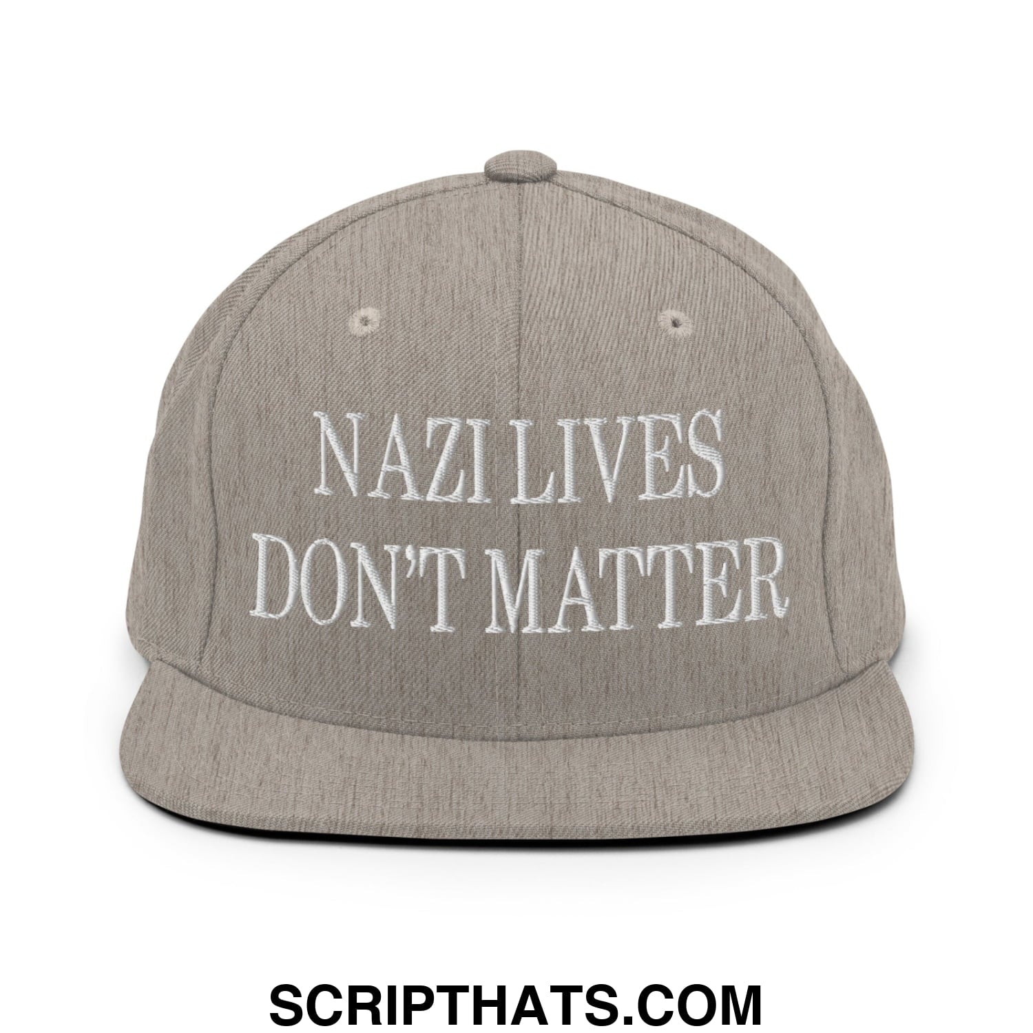 Gray snapback hat with white embroidered text reading nazi lives don’t matter on the flat bill brim