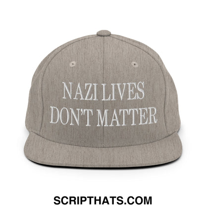 Gray snapback hat with white embroidered text reading nazi lives don’t matter on the flat bill brim