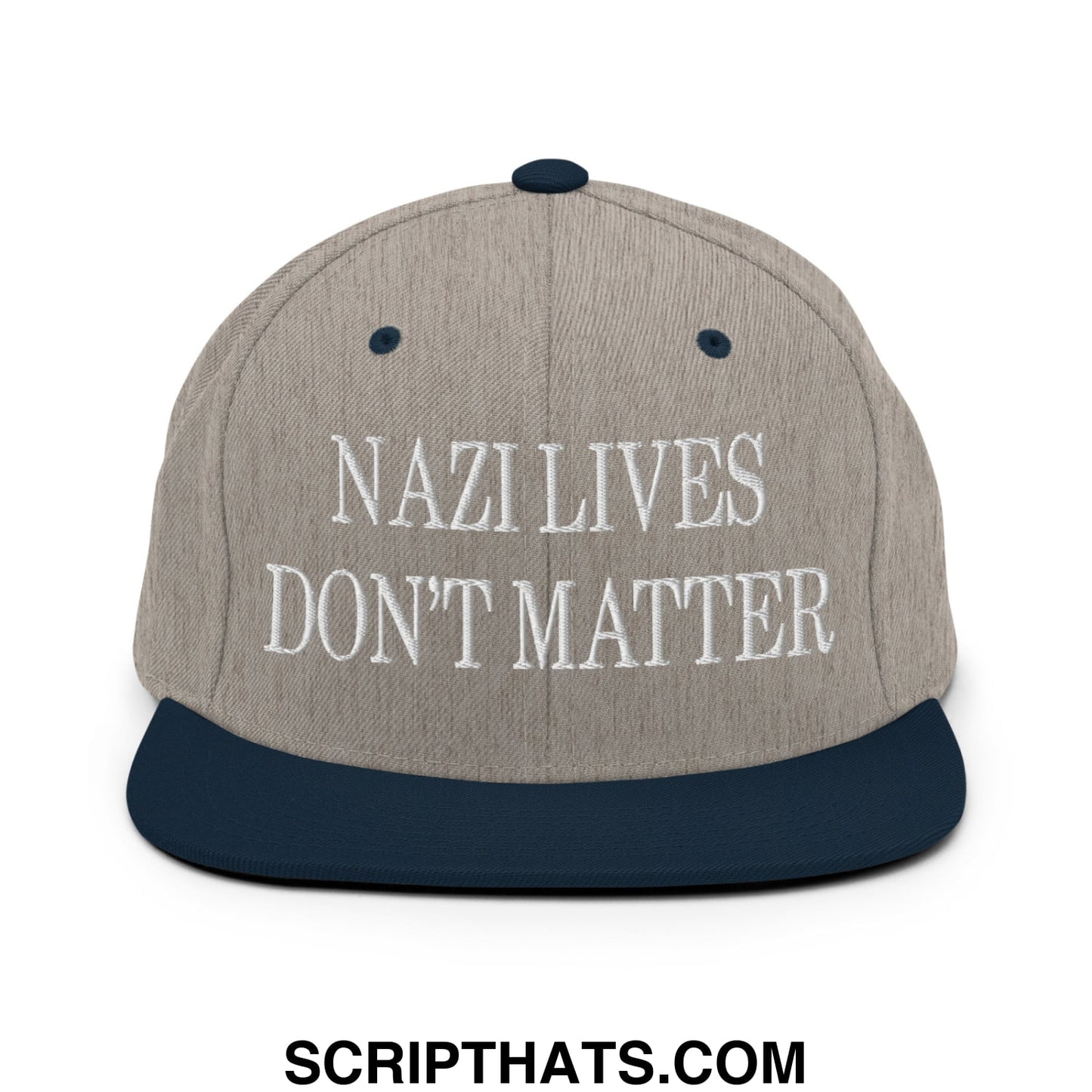 Beige and navy blue snapback hat with flat bill brim and white embroidered nazi lives don t matter text